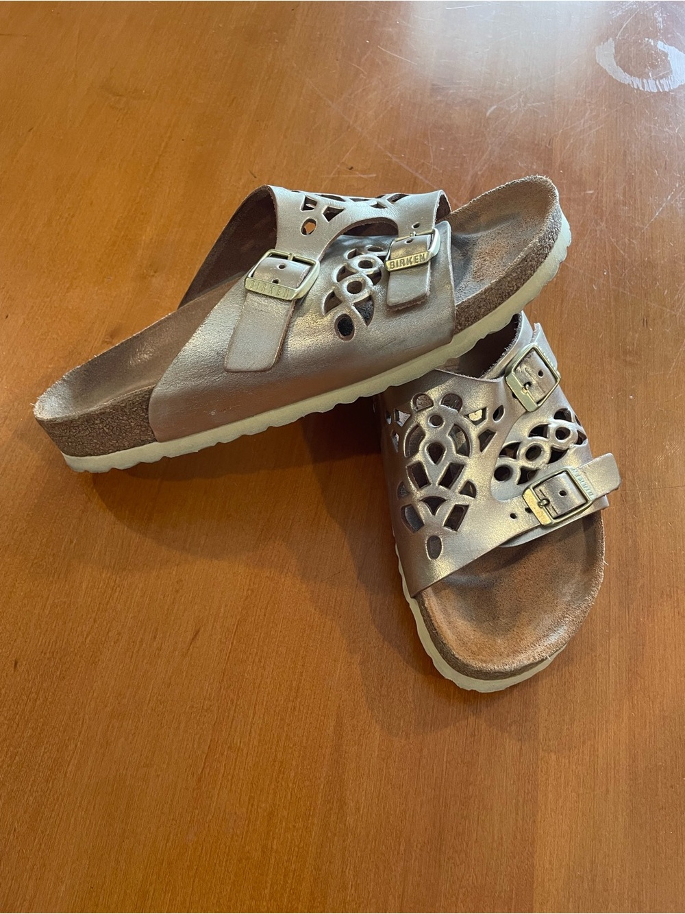 Birkenstock Women's Metallic Rose Gold Laser-Cut Double Strap Sandals